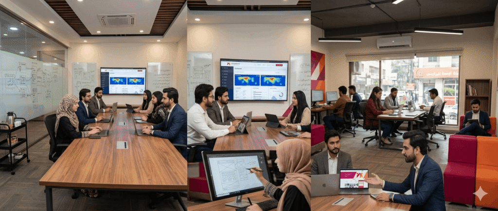 A professional web design team in Lahore, Pakistan reviewing a website project on multiple screens