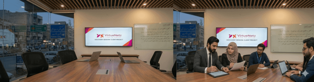 Business owner meeting with a web design agency team in Pakistan, reviewing project briefs and website wireframes