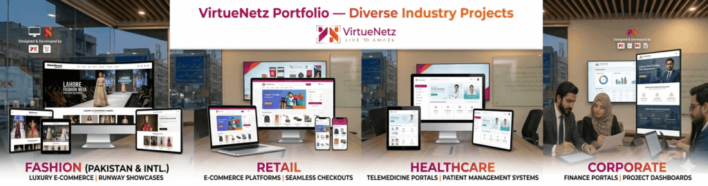 Screenshot collage of websites designed and developed by VirtueNetz for fashion, retail, healthcare, and corporate clients in Pakistan and internationally