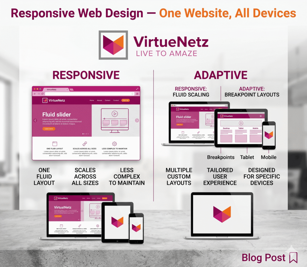 Comparison diagram showing how responsive design fluidly adjusts versus adaptive design switching between fixed layouts