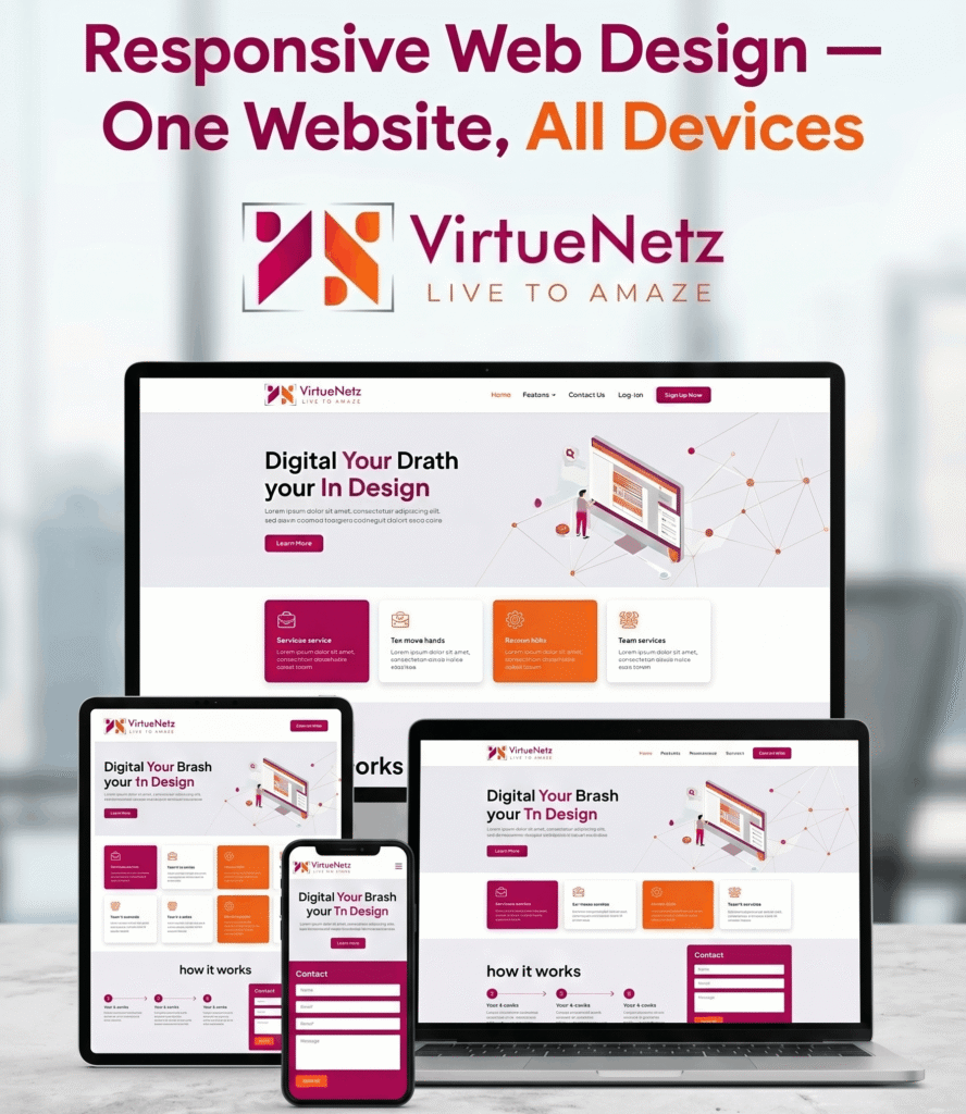 Responsive web design showing the same website adapting to desktop, tablet, and mobile screens