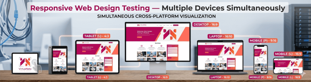 Screenshot of Responsively app showing the same website displayed across mobile, tablet, and desktop screen sizes at the same time